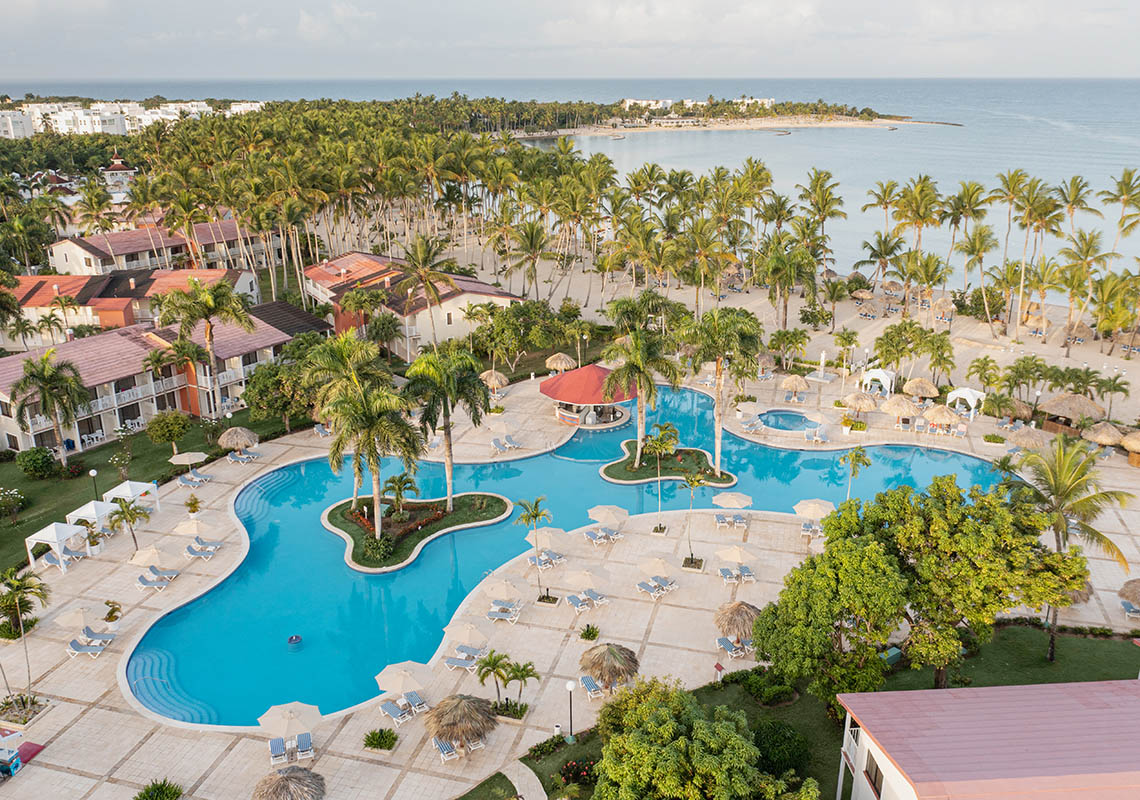 Aerial view of a resort pool and beach in Punta Cana, Dominican Republic