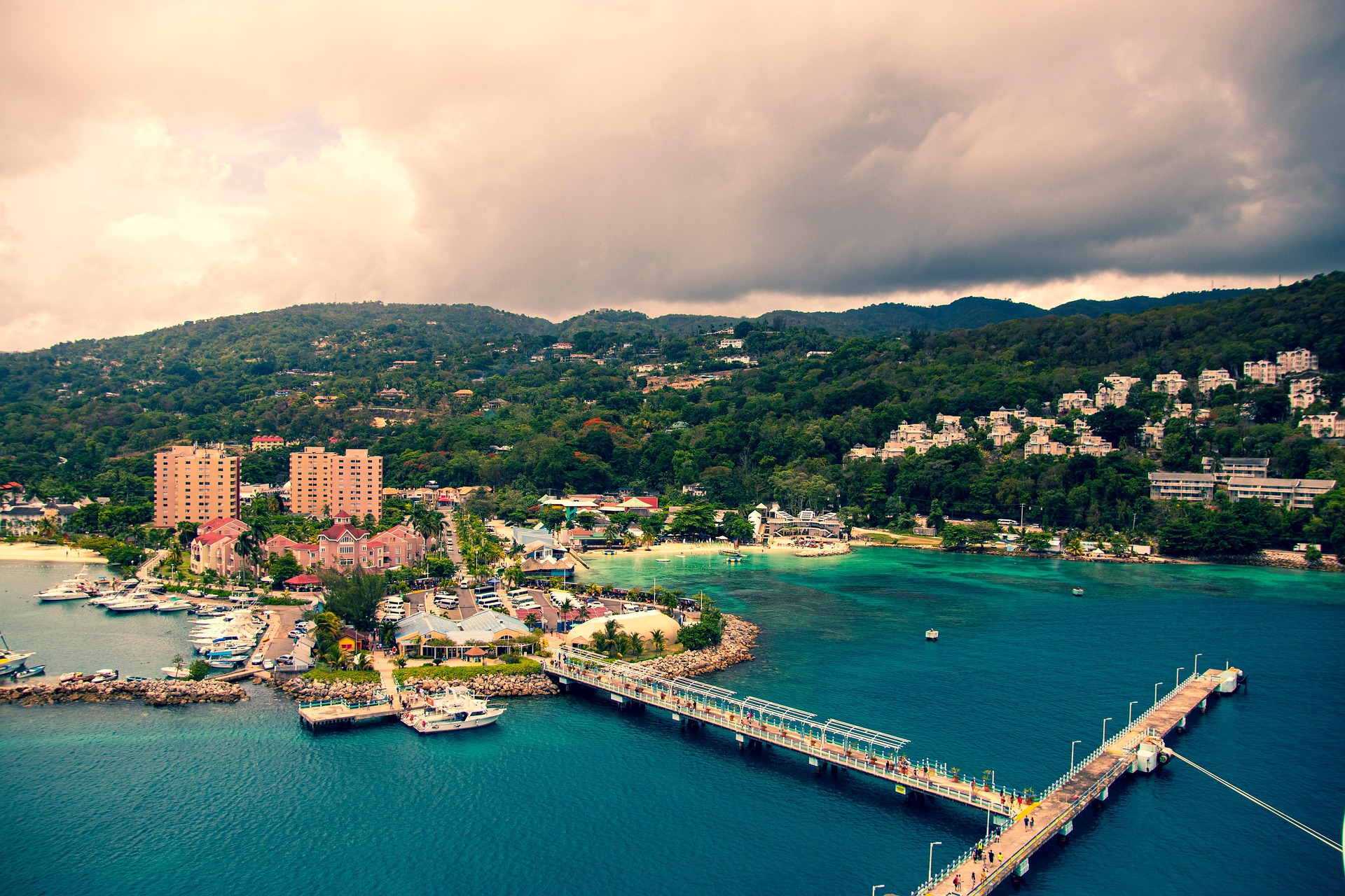 Coastal view of Ocho Rios, Jamaica with mountains and harbor